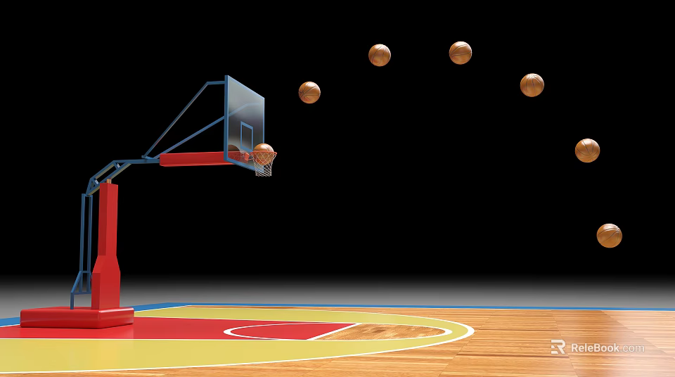 Indoor Basketball Court with Wooden Floor Colorful Markings Hoop and Flying Basketballs 3d model 
