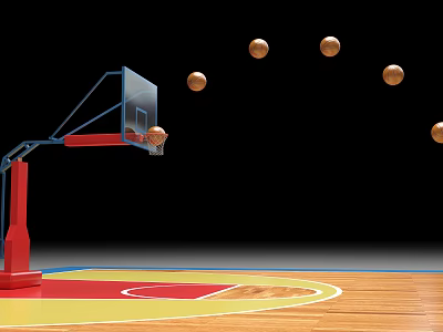Indoor Basketball Court with Wooden Floor Colorful Markings Hoop and Flying Basketballs 3d model