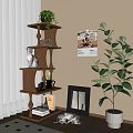 Wooden Shelving Unit With Cat Books Decorative Items And Green Plants