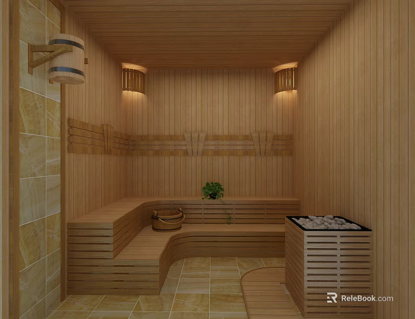 Shower Sauna Interior With Wooden Wall Panels Ceiling Benches And Lighting 3d model 