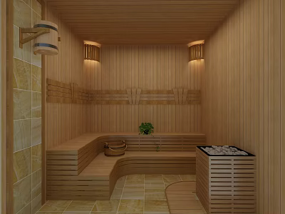 Shower Sauna Interior With Wooden Wall Panels Ceiling Benches And Lighting 3d model