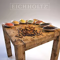 Rustic Wooden Dining Table With White Bowls And Assorted Spices On Top 3d model
