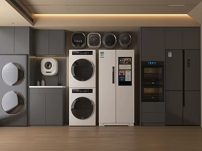 Modern Laundry Room Setup With Stackable Washing Machine Dryer And Storage Cabinets 3d model