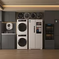 Modern Laundry Room Setup With Stackable Washing Machine Dryer And Storage Cabinets
