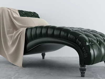 Green Leather Chaise Lounge with Tufted Design Beige Throw Blanket on Top and Metal Legs 3d model