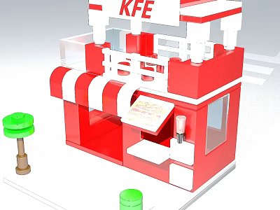 Red And White KFE Kiosk Structure With Awning And Counter Design 3d model