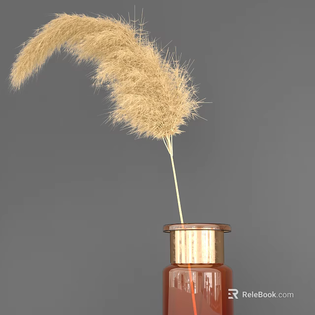 Brown Vase With Metallic Ring Holding Pampas Grass On Gray Background 3d model 