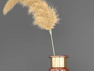 Brown Vase With Metallic Ring Holding Pampas Grass On Gray Background 3d model