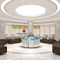 Spacious Bank Lobby With White And Beige Tones Reception Desk Sofas And Round Ceiling Lights 3d model