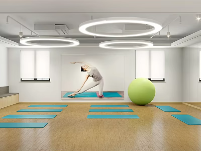 Indoor Yoga Practice With Blue Mats Green Fitness Ball Wooden Floor And Circular Lights 3d model