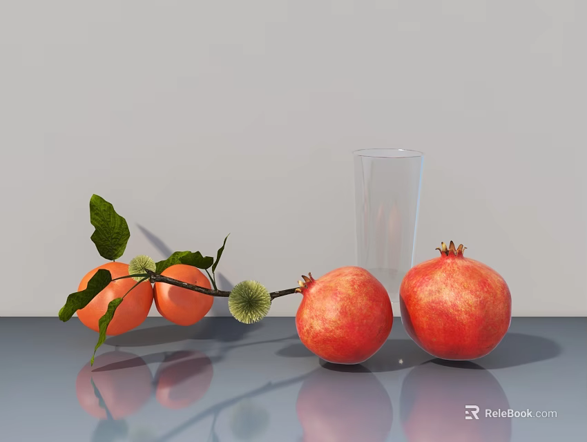Fresh Pomegranates And Oranges With Green Leaves On Gray Table With Clear Glass 3d model 