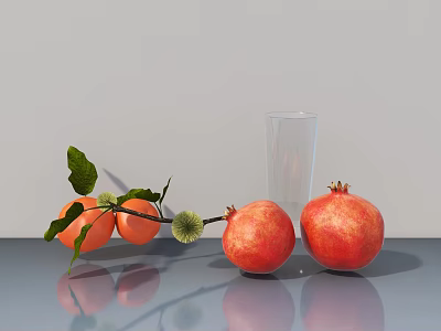 Fresh Pomegranates And Oranges With Green Leaves On Gray Table With Clear Glass 3d model