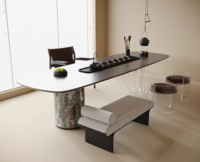 Modern Tea Table and Chairs with Natural Wooden Leg Bench and Transparent Stools by Window 3d model