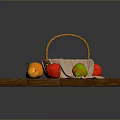 Fresh Fruits in Wicker Basket on Wooden Cutting Board with Scattered Oranges Apples and Pears