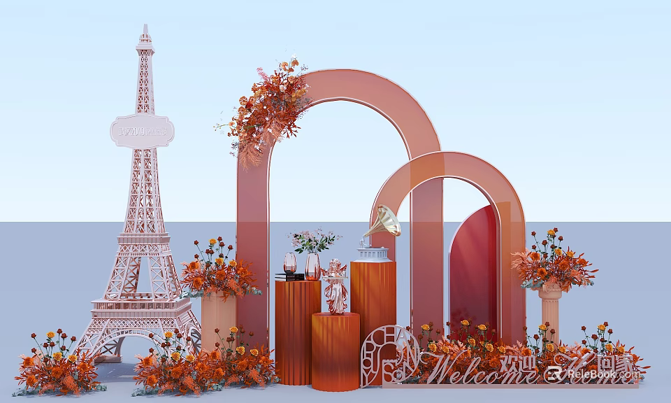 Scenic Photo Spot With Eiffel Tower Model Red Arches And Floral Decorations 3d model 