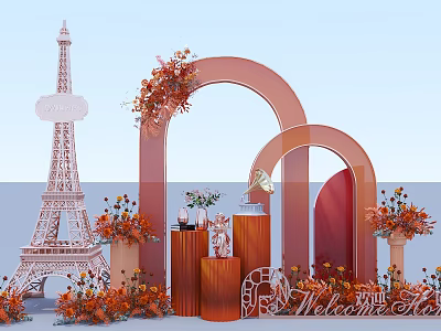 Scenic Photo Spot With Eiffel Tower Model Red Arches And Floral Decorations 3d model