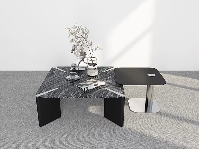 Modern Coffee Table With Marble Top Black Frame Side Table And Dried Plant Vase 3d model