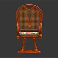 Brown Rattan Leisure Chair With Armrests Woven Backrest Round Base And Patterned Cushion