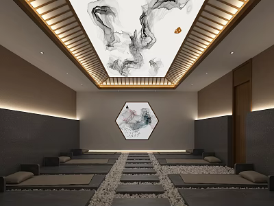 Traditional SPA Sauna Interior With Comfortable Seating Decorative Painting And Warm Lighting 3d model