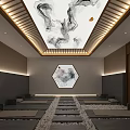Traditional SPA Sauna Interior With Comfortable Seating Decorative Painting And Warm Lighting
