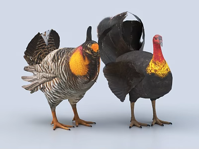 Two Turkeys With Striped And Dark Feathers Red Yellow Wattles On Light Background 3d model