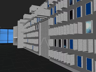 Modern Elevator Hallway Design With Gray Walls And Blue Glass Doors 3d model