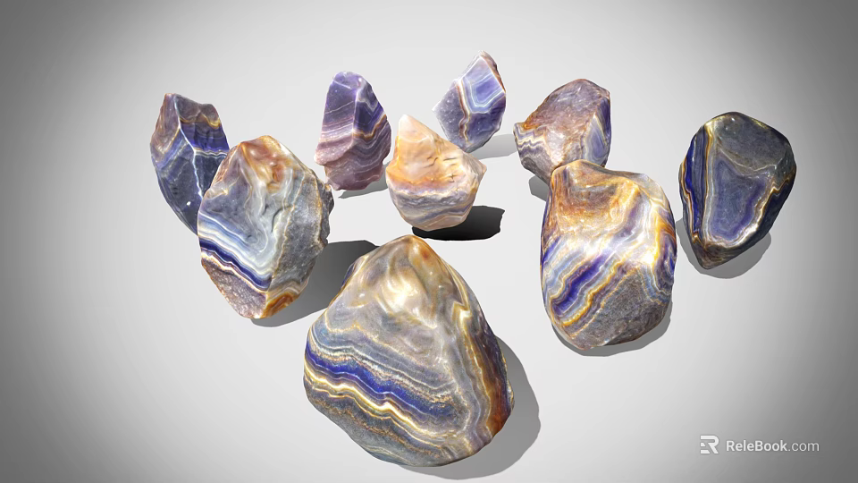 Natural Polished Agate Stones With Blue Purple Brown Striped Patterns On White 3d model 