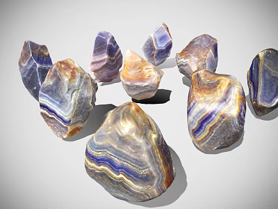 Natural Polished Agate Stones With Blue Purple Brown Striped Patterns On White 3d model