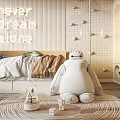 Cozy Kids Room with Never Grow Up Wall Art Big White Doll and Round Rug