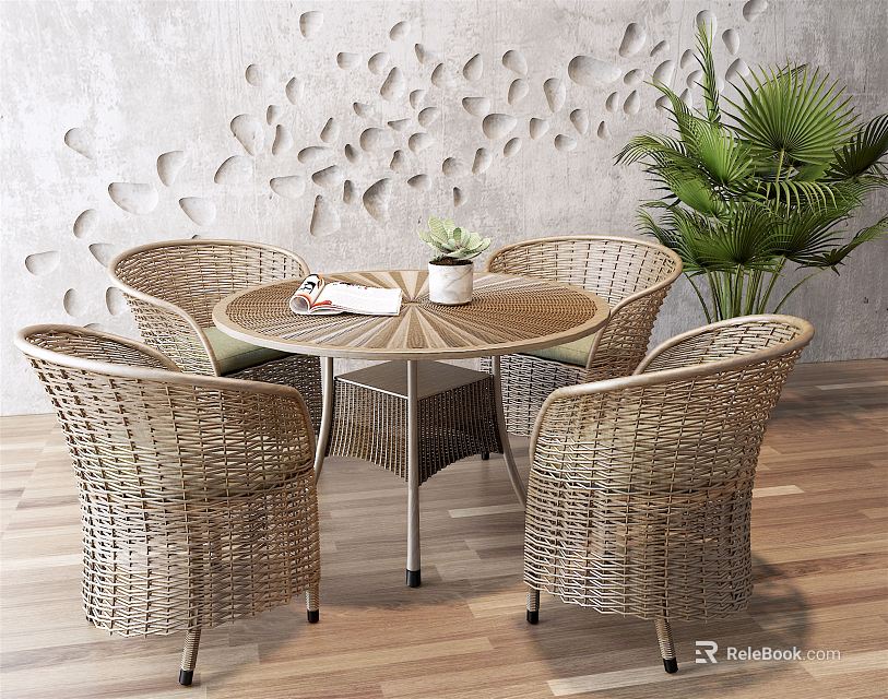 Outdoor Round Wicker Table With Chairs And Potted Plant On Gray Wall Wooden Floor 3d model 