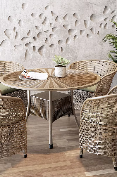 Outdoor Round Wicker Table With Chairs And Potted Plant On Gray Wall Wooden Floor 3d model