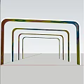 Colorful Event Entrance With Arched Structures Geometric Patterns Stars Arrows Circles And People Walking