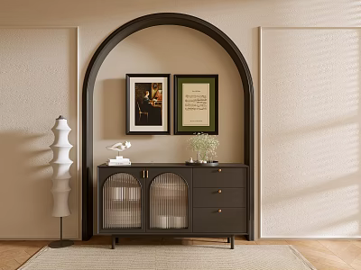 Modern Entryway Cabinet Sideboard With Arched Design Grid Doors Drawers Green Plant And Floor Lamp 3d model