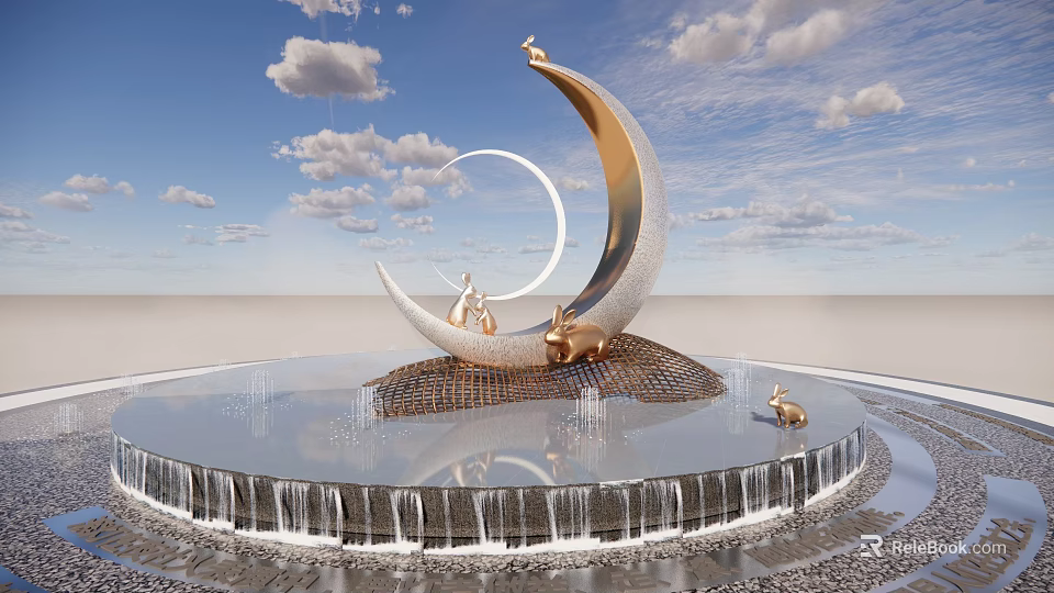 Crescent Moon Landscape Sculpture With Bunnies Fountain Water Curtain And Blue Sky 3d model 