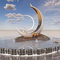 Crescent Moon Landscape Sculpture With Bunnies Fountain Water Curtain And Blue Sky