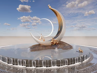 Crescent Moon Landscape Sculpture With Bunnies Fountain Water Curtain And Blue Sky 3d model