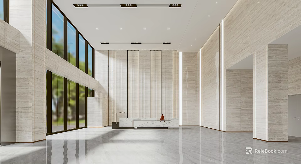 Modern Front Desk Reception Area With Large Windows Natural Light And Sleek Floors 3d model 