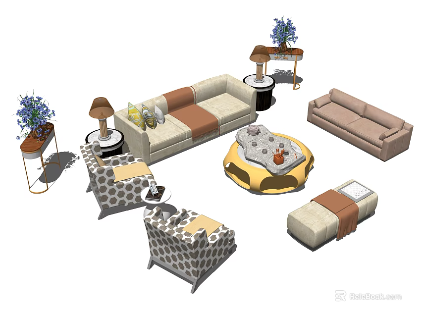 Modern Sofa and Coffee Table Set with Pillows Blanket Lamp and Floral Vase Decorations 3d model 