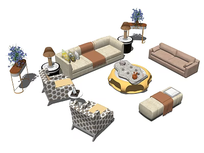 Modern Sofa and Coffee Table Set with Pillows Blanket Lamp and Floral Vase Decorations 3d model