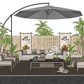 Outdoor Landscape Seating Area With Umbrella Palm Trees Bamboo Fence And Wooden Deck
