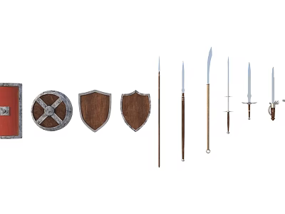 Medieval Weapons Collection Featuring Wooden Shields Long Spears And Steel Swords 3d model