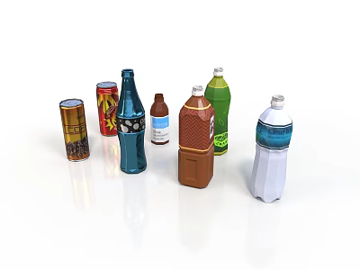 Assorted Beverage Bottles In Different Colors And Various Shapes On White Surface 3d model