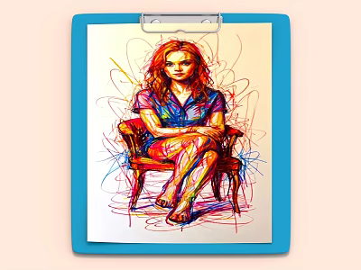 Blue Clipboard With Colorful Red Haired Woman Figure Sketch Sitting On Chair And Colorful Lines 3d model
