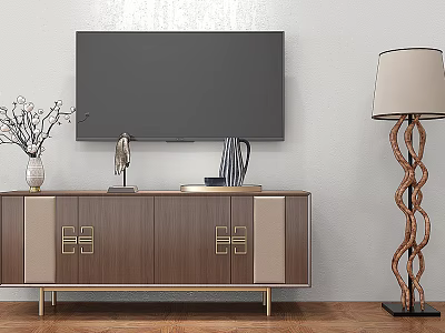 Modern Brown Beige TV Stand With Golden Buckles Decorative Items And Floor Lamp 3d model