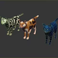 Three Colorful Cat Figurines With Striped Calico And Blue Patterns On Grey Surface