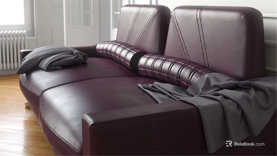 Elegant Purple Leather Two Seater Sofa With Decorative Stitching And Gray Blankets 3d model 