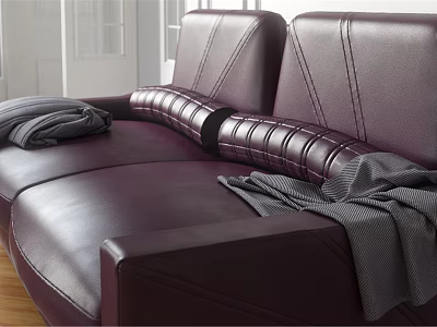 Elegant Purple Leather Two Seater Sofa With Decorative Stitching And Gray Blankets 3d model
