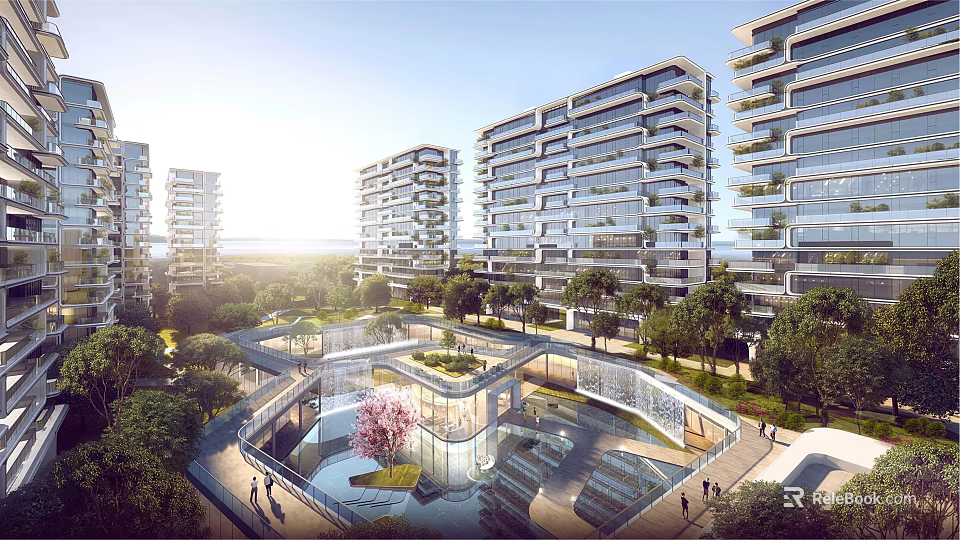 Modern High Rise Residential Landscape With Central Courtyard Greenery Trees And Scenic Walkways 3d model 