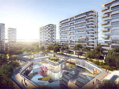 Modern High Rise Residential Landscape With Central Courtyard Greenery Trees And Scenic Walkways 3d model