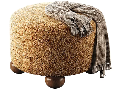 Round Brown Faux Fur Ottoman with Wooden Ball Legs and Cozy Gray Fringed Blanket 3d model